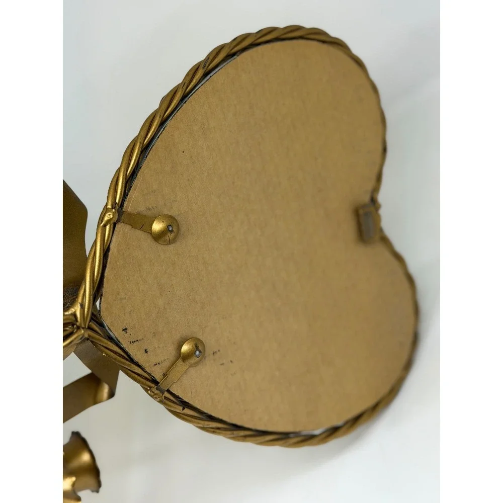 VTG Heart Mirror Candle Sconce Gold Bow Ribbon Twisted Metal Hollywood Regency